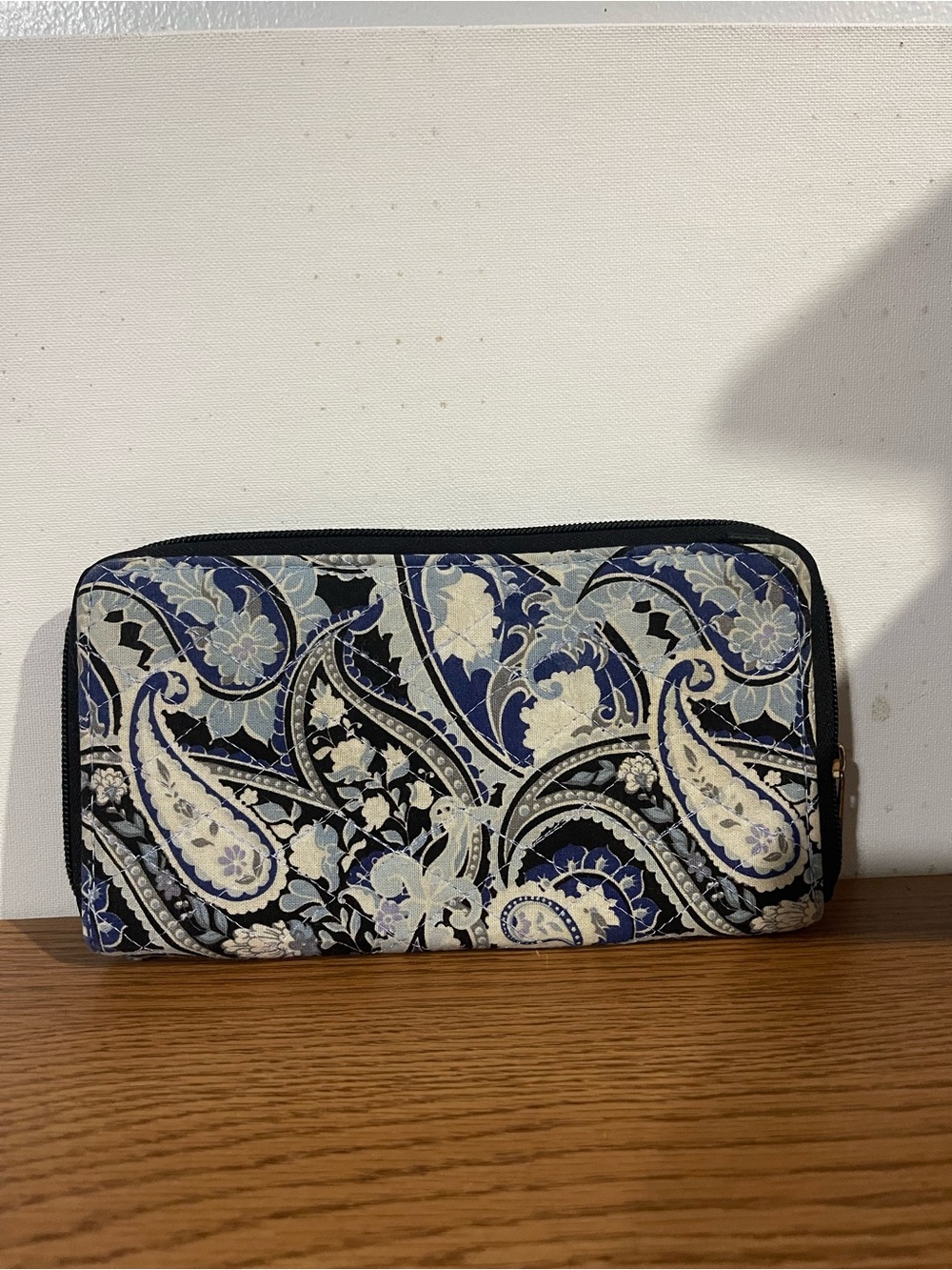 Patterned Zip Wallet in Navy, Light Blue & Cream